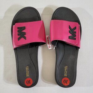 New Michael Kors Women's US 10 M Pink Black MK Signature Logo Slide Sandal